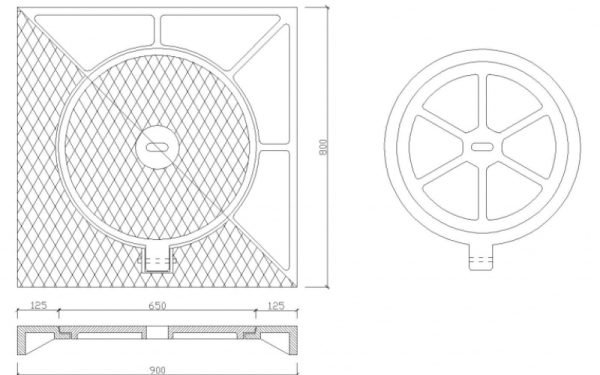 Nắp hố ga gang 900×900 nắp D650mm khung dương nắp tròn