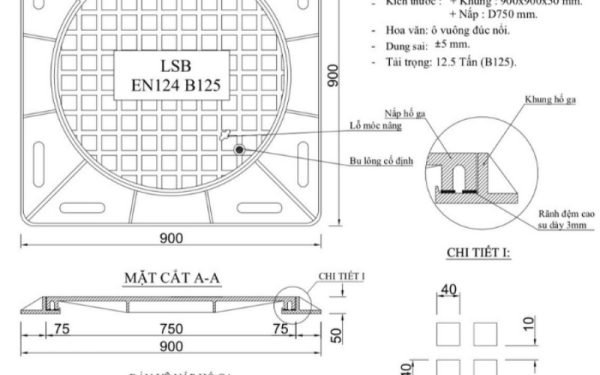 Nắp hố ga bằng gang 900×900 khung vuông nắp tròn